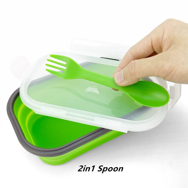 CCyanzi Green Food Grade Silicone Lunch Container Bento Box  Collapsible Food Storage Containers with Airtight Lids and 2in1 Fork  Reusable Food Container for Travel Camping  1000ml Microwave Container - Image 3