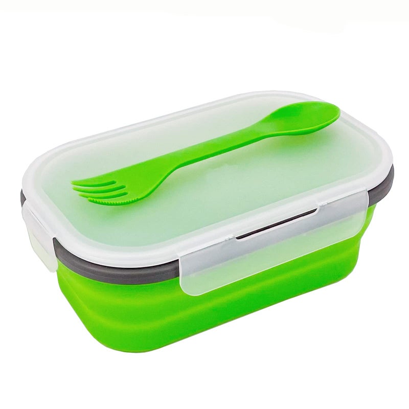 CCyanzi Green Food Grade Silicone Lunch Container Bento Box  Collapsible Food Storage Containers with Airtight Lids and 2in1 Fork  Reusable Food Container for Travel Camping  1000ml Microwave Container - Image 1