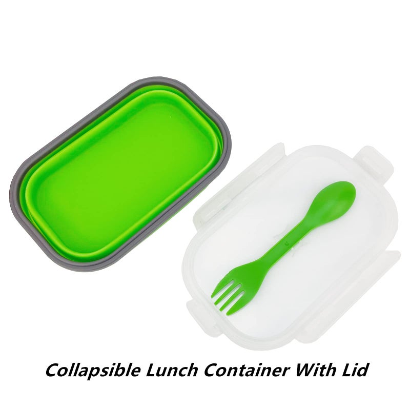 CCyanzi Green Food Grade Silicone Lunch Container Bento Box  Collapsible Food Storage Containers with Airtight Lids and 2in1 Fork  Reusable Food Container for Travel Camping  1000ml Microwave Container - Image 4