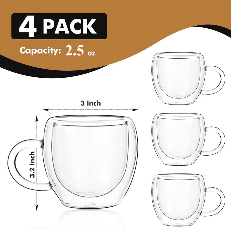 Wells 2.5oz Espresso Cups Set of 4 with Handle, Espresso Shot Glasses, Expresso Shots Cup,Clear Double Wall Insulated Espresso Mugs,Tazas de Cafe Expreso, Suit for Espresso Machine, Espresso Essentials - Image 2