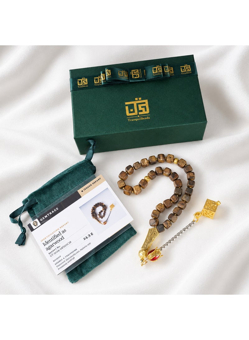 TranquilBeads Natural Agarwood Tasbih 33 Beads 7.5mm Square Oud Wood Prayer Beads for Men, Handmade Misbaha with Unique Geometric Design, Premium Wooden Dhikr Beads, Luxury Gift Box for Ramadan Eid Father's Day Birthday - Image 2