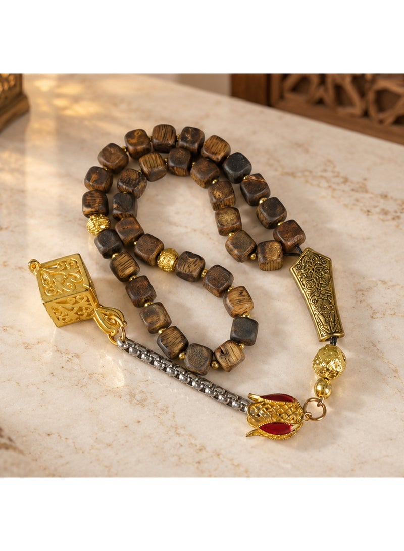 TranquilBeads Natural Agarwood Tasbih 33 Beads 7.5mm Square Oud Wood Prayer Beads for Men, Handmade Misbaha with Unique Geometric Design, Premium Wooden Dhikr Beads, Luxury Gift Box for Ramadan Eid Father's Day Birthday - Image 5