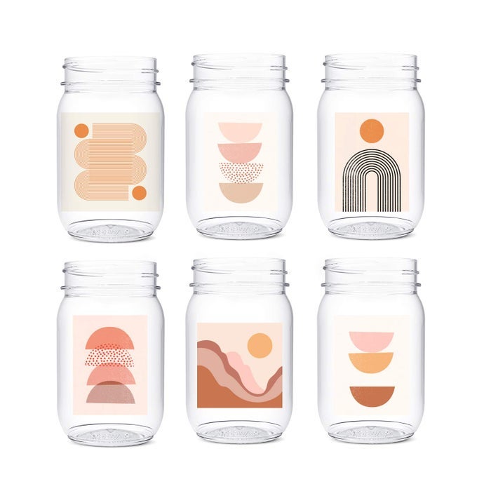 POP 16OZ MASON DESERT VIBES SERIES SET OF 6 PREMIUM QUALITY RECYCLABLE UNBREAKABLE CRYSTAL CLEAR PLASTIC PRINTED MASON JARS