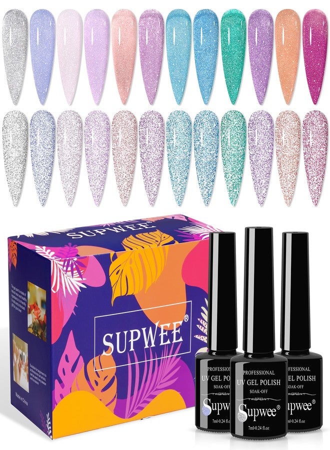 SUPWEE Reflective Glitter Gel Polish - 12 Colors Sheer Jelly Glitter Nail Polish Sparkle Shinny Disco Nail Polish Soak Off UV LED Varnish DIY at Home - Image 1