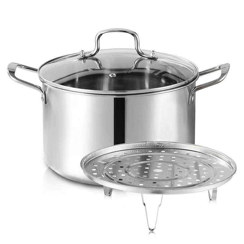 Stainless Steel Soup Pot 26cm 5L With Steaming Rack - Thickened Base For Even Heat Distribution - Coating-Free Healthy Cooking for Home Kitchen - Image 1