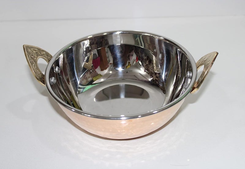Alluring Homz Hammered Design Copper Steel Kadhai with Brass Handle for Serving Home, Hotel, Restaurant,Catering,Tableware (Diameter16x13 cm) 400 ML, Pack of 2 Piece - Image 2