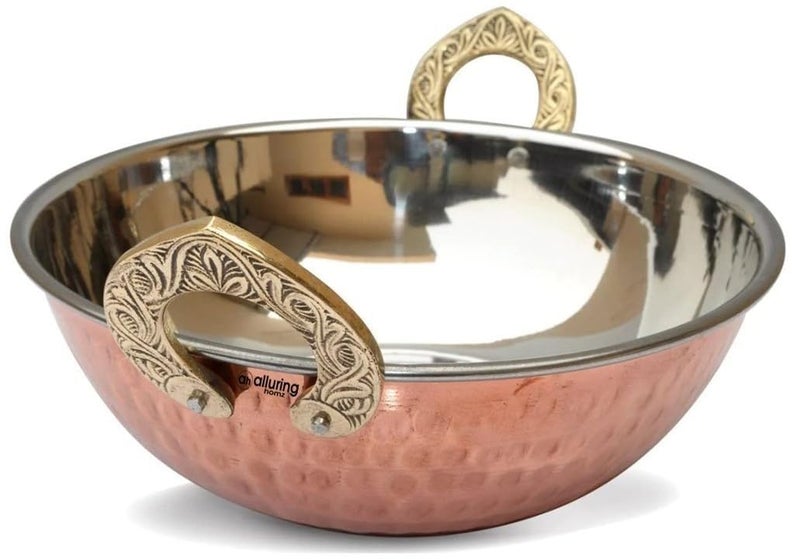 Alluring Homz Hammered Design Copper Steel Kadhai with Brass Handle for Serving Home, Hotel, Restaurant,Catering,Tableware (Diameter16x13 cm) 400 ML, Pack of 2 Piece - Image 1