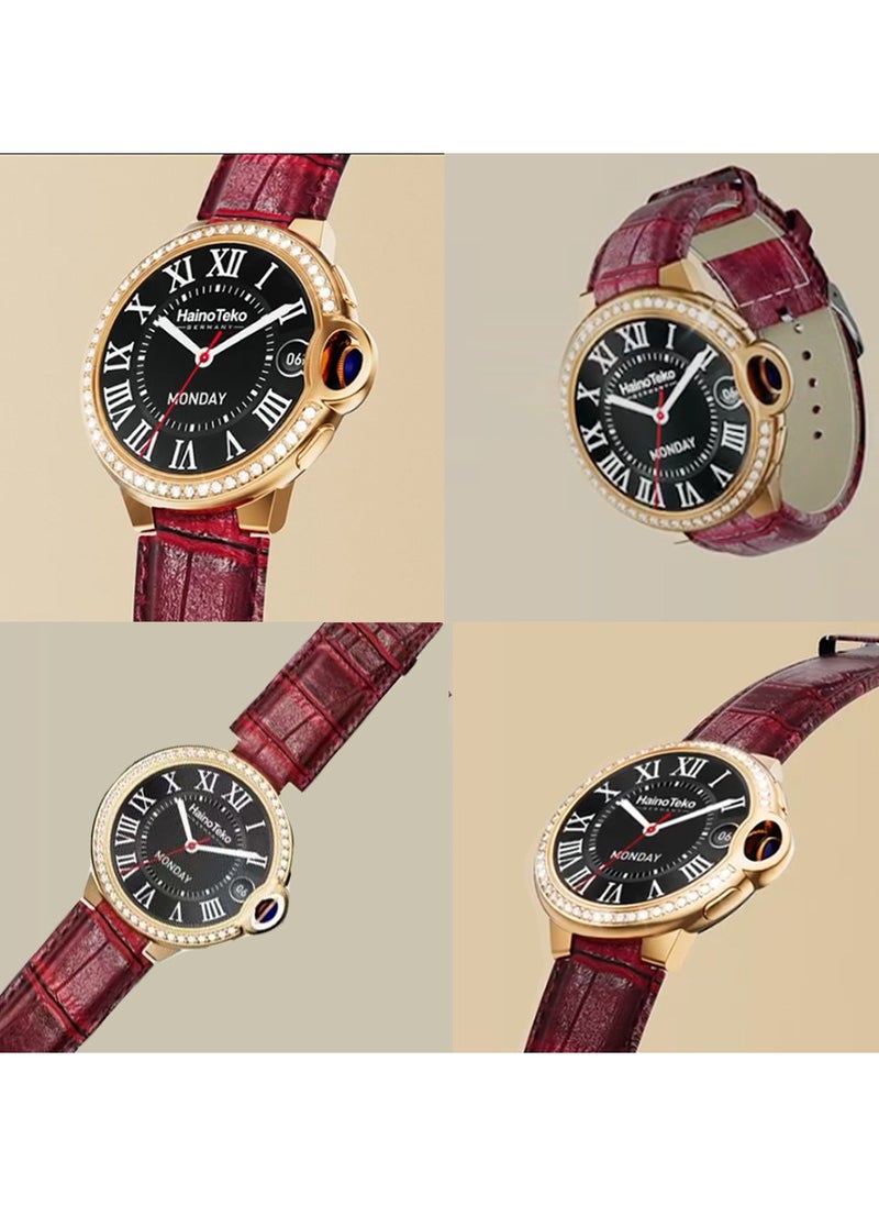 Haino Teko - Haino Teko Germany RW 20 Dimond edition classic Round smartwatch with Two set strap for women's and Girls Red - Image 1