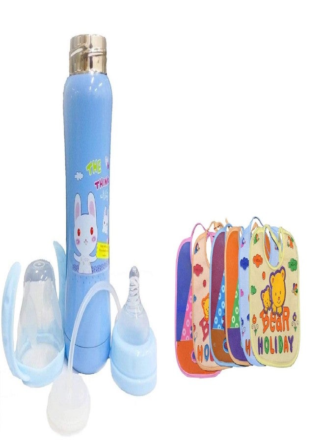Ineffable Baby Steel Feeding Bottle for Hot and Cold Milk 240ml + Baby Knot Feeding Bib Combo ((Bottle Blue 240))