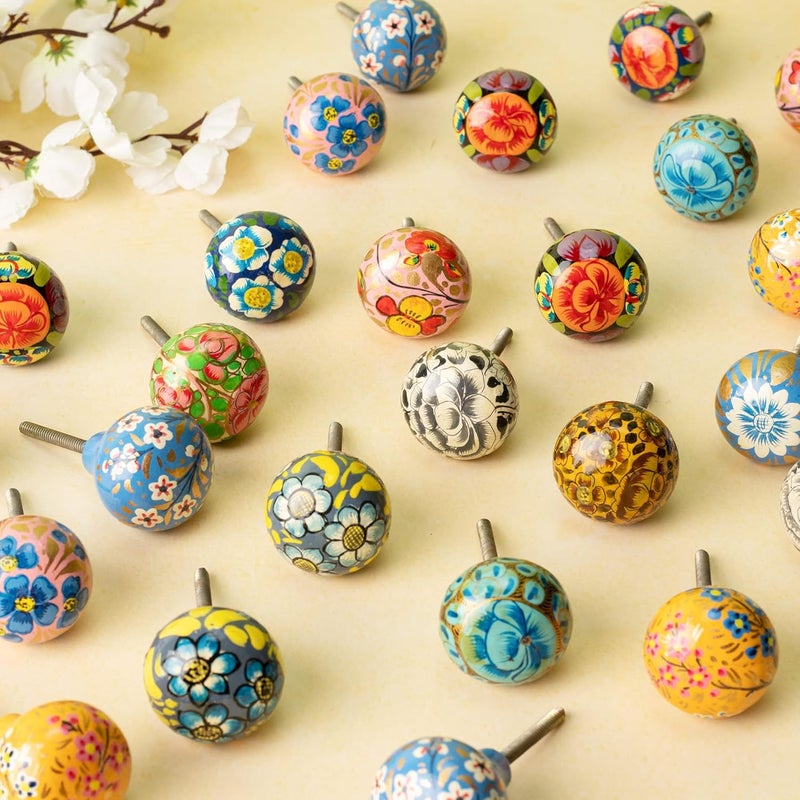 Indian-Shelf 18 Pieces KnobsIndianShelf Handmade Vintage Multicolor Knobs for Kitchen Cabinets and Drawers Assorted Dresser Knobs Antique Wood Drawer Pulls Kashmiri Floral Cabinet Handles 