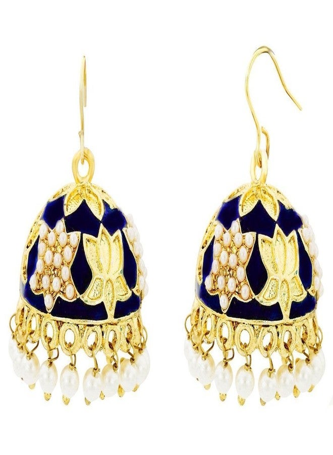 Zivom® Lotus Gold Plated Navy Blue Meenakari Jhumki Earring For Women - Image 1