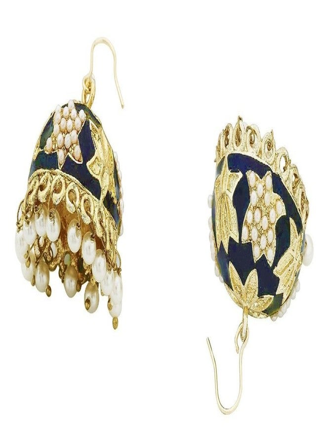 Zivom® Lotus Gold Plated Navy Blue Meenakari Jhumki Earring For Women - Image 4