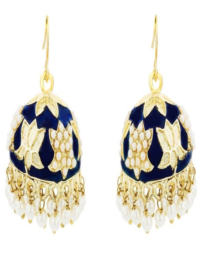 Zivom® Lotus Gold Plated Navy Blue Meenakari Jhumki Earring For Women - Image 3