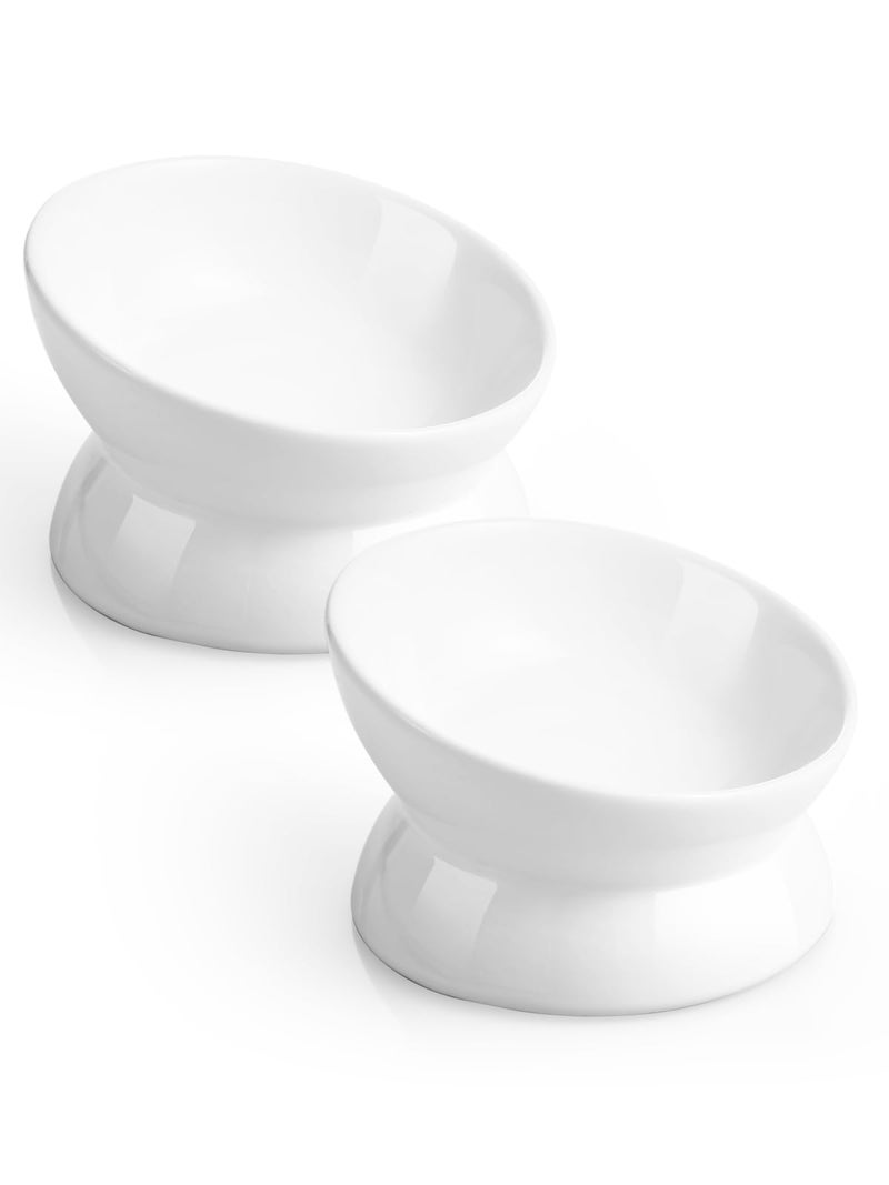 LoeJan Elevated Cat Food Bowl, 5 Oz Ceramic Raised and Tilted Water Bowl, Anti Vomiting and Protect Pets' Spines Dishes for Small Dog, Fat Faced Cat, Kitten (White, 2 Pack) - Image 1