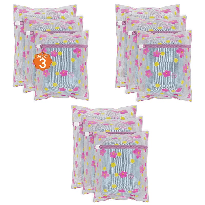 Kuber Industries Set of 9 Polyester Mesh Laundry Bag with Zip Reusable Washing Bags for Washing Machine Ideal for Lingerie Delicate Fabric Shoes Protection YZ92 Sunflower Design Pink - Image 1