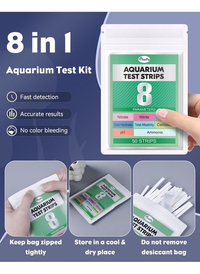 Pawfly Pawfly 8 in 1 Aquarium Test Strips for pH Chlorine Nitrate Carbonate Hardness Total Alkalinity & Ammonia Water Quality Freshwater Saltwater Test Kit, 50 Strips Fish Tank Water Testing kit  - Image 1