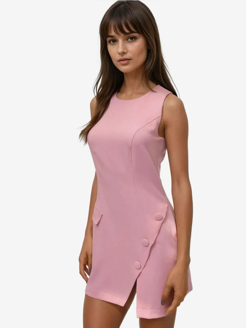 HICCUP Fitted Crew Neck Mini Dress with Buttons