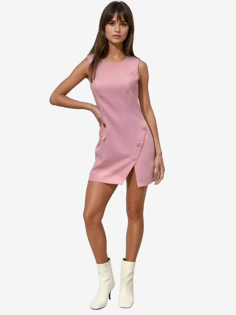 HICCUP Fitted Crew Neck Mini Dress with Buttons