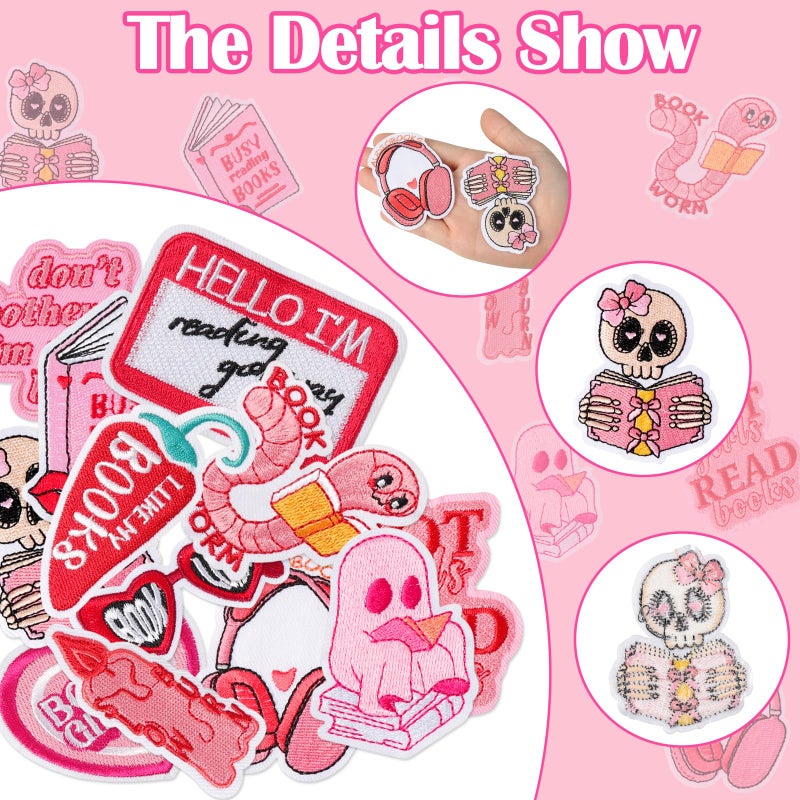 loghohu 12Pcs Bookish Iron on Patches Pink Cute Book Lover Embroidered Patches Sew Applique Repair Patches Book Club Reading Gifts for Women Girls Bookworm Clothes Backpacks Hats Jackets Jeans DIY Crafts - Image 3