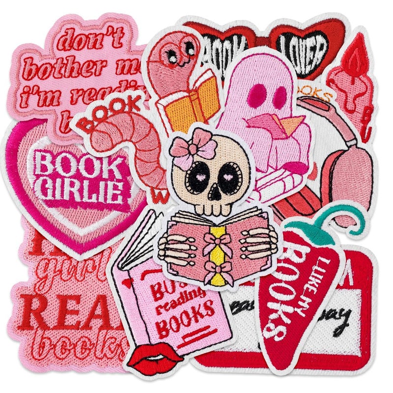 loghohu 12Pcs Bookish Iron on Patches Pink Cute Book Lover Embroidered Patches Sew Applique Repair Patches Book Club Reading Gifts for Women Girls Bookworm Clothes Backpacks Hats Jackets Jeans DIY Crafts - Image 1
