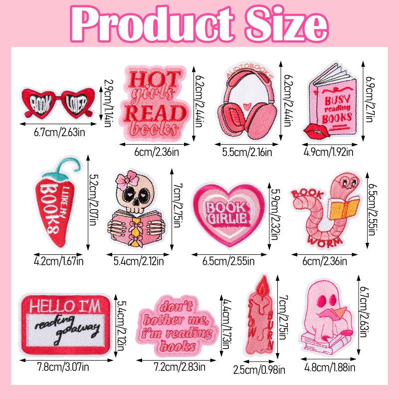 loghohu 12Pcs Bookish Iron on Patches Pink Cute Book Lover Embroidered Patches Sew Applique Repair Patches Book Club Reading Gifts for Women Girls Bookworm Clothes Backpacks Hats Jackets Jeans DIY Crafts - Image 2