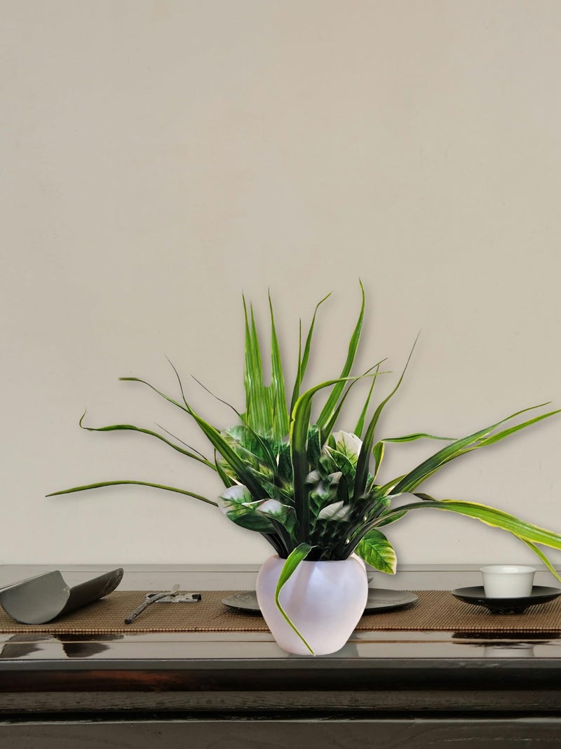 ARTSY® Artificial Plants with Pot for Home Decor, Leaves, Plants for Pot/vase, Home/Office Decor, Gift, Craft, Artificial Flowers with Pot, Combo, Pack of 1 Piece, 35 cm Height, White Green - Image 1