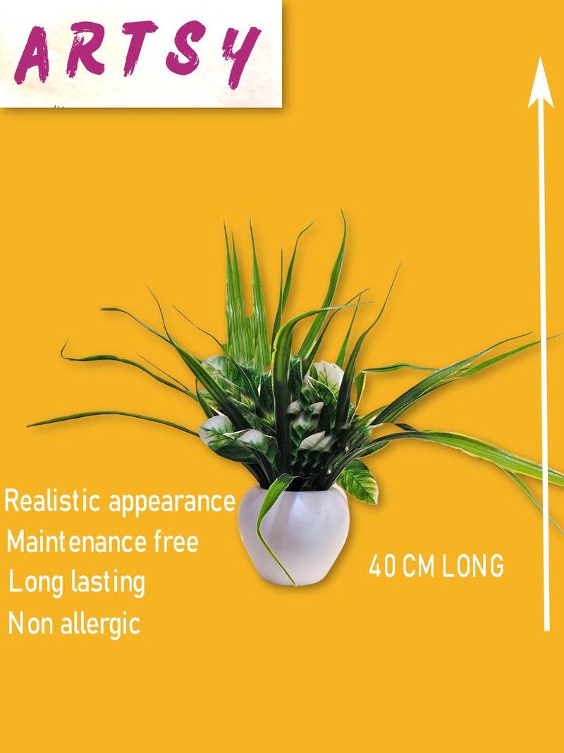 ARTSY® Artificial Plants with Pot for Home Decor, Leaves, Plants for Pot/vase, Home/Office Decor, Gift, Craft, Artificial Flowers with Pot, Combo, Pack of 1 Piece, 35 cm Height, White Green - Image 5