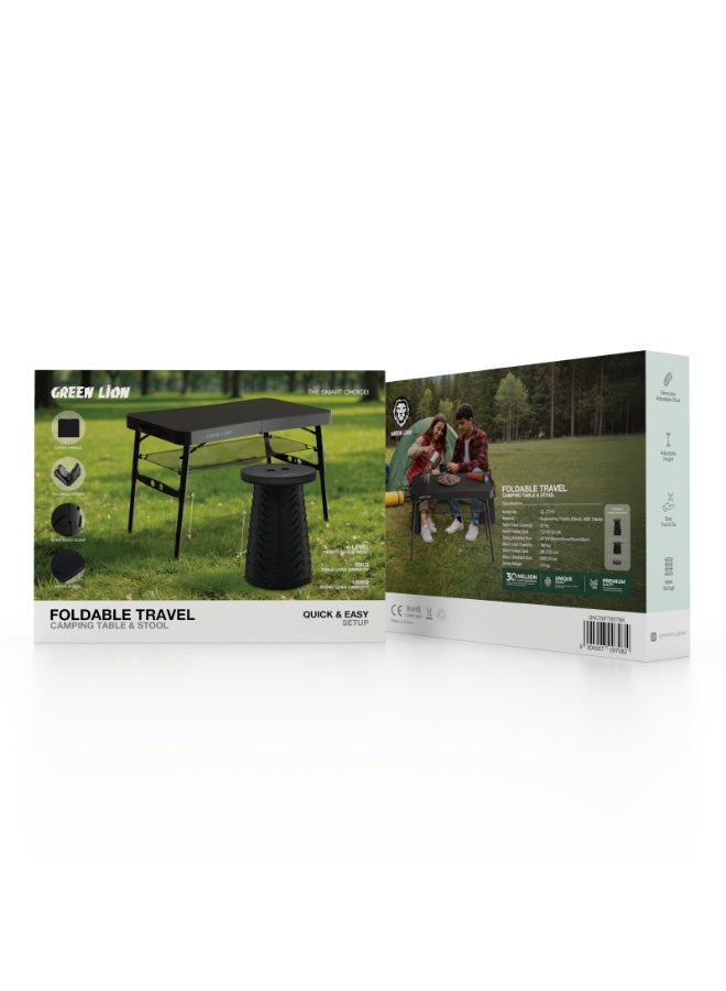 GREEN LION Camping Table Set, Outdoor Furniture Table & Stool, Portable Foldable Camping Picnic Table Set, 1 Table and 1 Stools, Telescopic Height Adjustment, Easy Folding & Carry Handle, 4 Level Height Adjustment, Anti-Slip Base, LightWeight & Ideal for Camping, Hiking and Outdoors, Mesh Storage - Black - Image 3