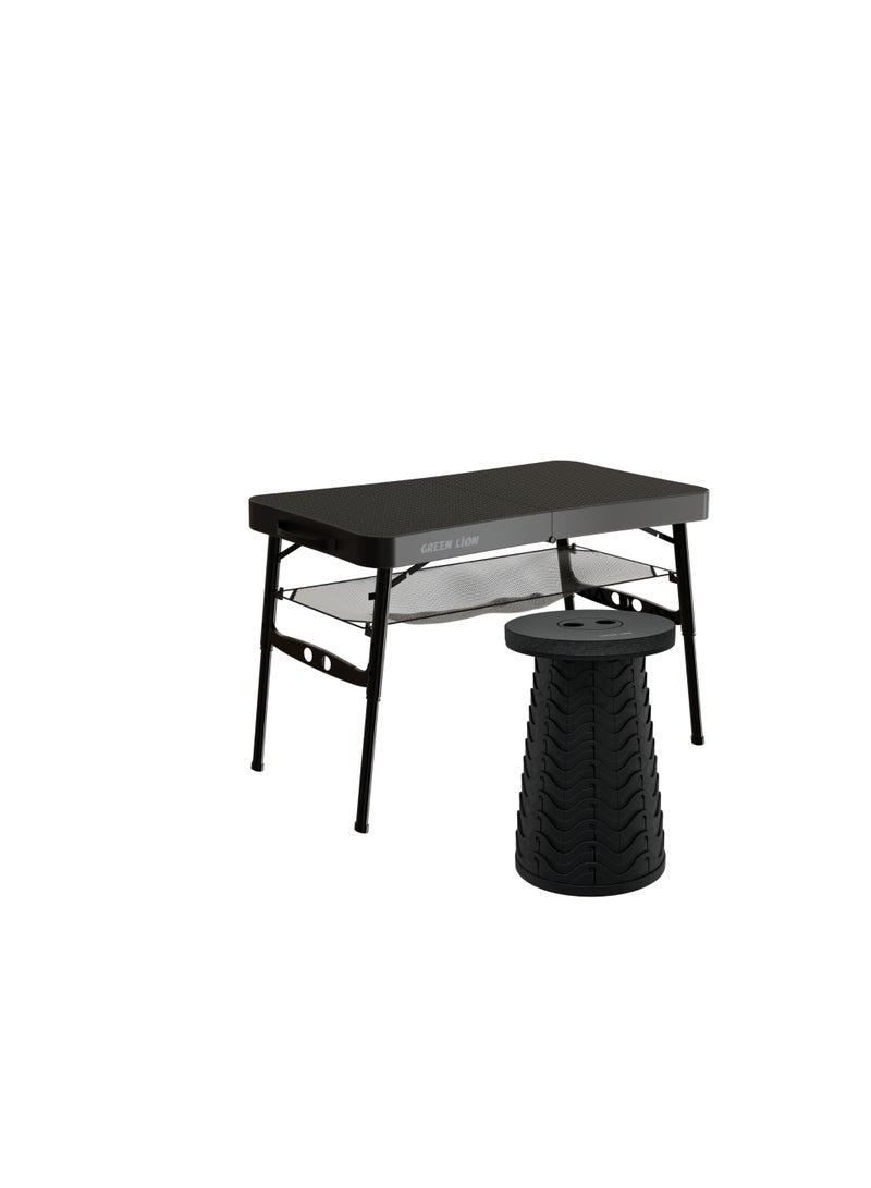 GREEN LION Camping Table Set, Outdoor Furniture Table & Stool, Portable Foldable Camping Picnic Table Set, 1 Table and 1 Stools, Telescopic Height Adjustment, Easy Folding & Carry Handle, 4 Level Height Adjustment, Anti-Slip Base, LightWeight & Ideal for Camping, Hiking and Outdoors, Mesh Storage - Black - Image 1