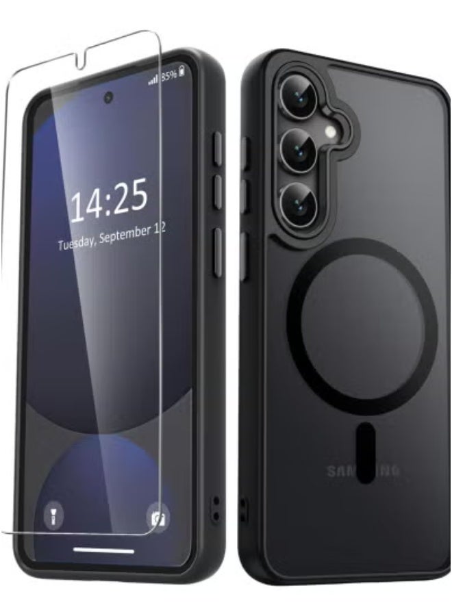 TIGER Samsung Galaxy S25 Case – Matte Magnetic Phone Cover with Built-in MagSafe Ring | Translucent Frosted Finish | Shockproof Slim Full Body Protection | Includes 1 Tempered Glass Screen Protector | Anti-Scratch, Drop-Resistant Design – Black - Image 1