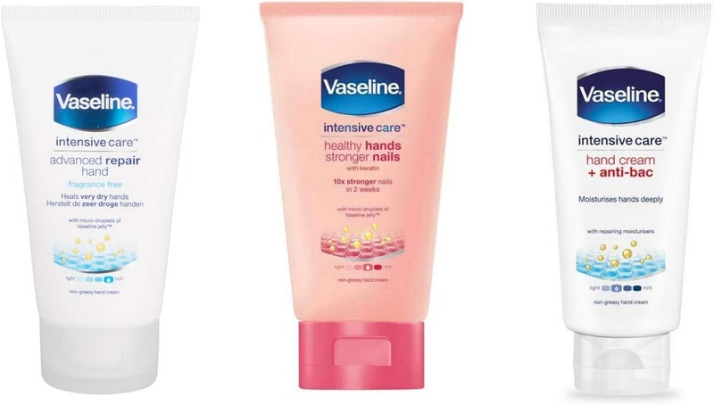 Vaseline Intensive Care Hand Cream Set of 3 Hand Cream Anti Bac 75ml Healthy Hands Stronger Nails 75ml Advanced Repair Hand Cream 75ml Perfect for the Bathroom or in the Bag on the Go