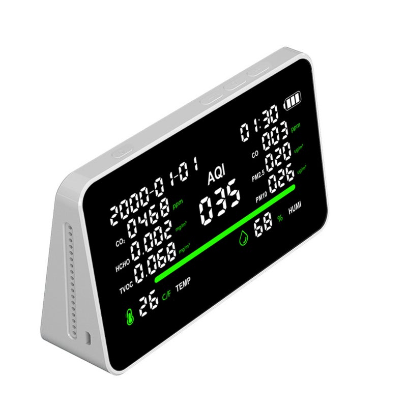 11-In-1 Indoor Air Quality Monitor Rechargeable Home CO2 Monitor,7" Display,Temp, CO2, CO,AQI,PM2.5,PM10,TVOC, HCHO,RH,Time, Date, For Office Hotel Real Time Desktop Air Quality Meter - Image 3