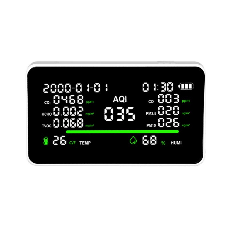 11-In-1 Indoor Air Quality Monitor Rechargeable Home CO2 Monitor,7" Display,Temp, CO2, CO,AQI,PM2.5,PM10,TVOC, HCHO,RH,Time, Date, For Office Hotel Real Time Desktop Air Quality Meter - Image 2