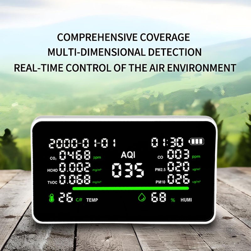 11-In-1 Indoor Air Quality Monitor Rechargeable Home CO2 Monitor,7" Display,Temp, CO2, CO,AQI,PM2.5,PM10,TVOC, HCHO,RH,Time, Date, For Office Hotel Real Time Desktop Air Quality Meter - Image 5