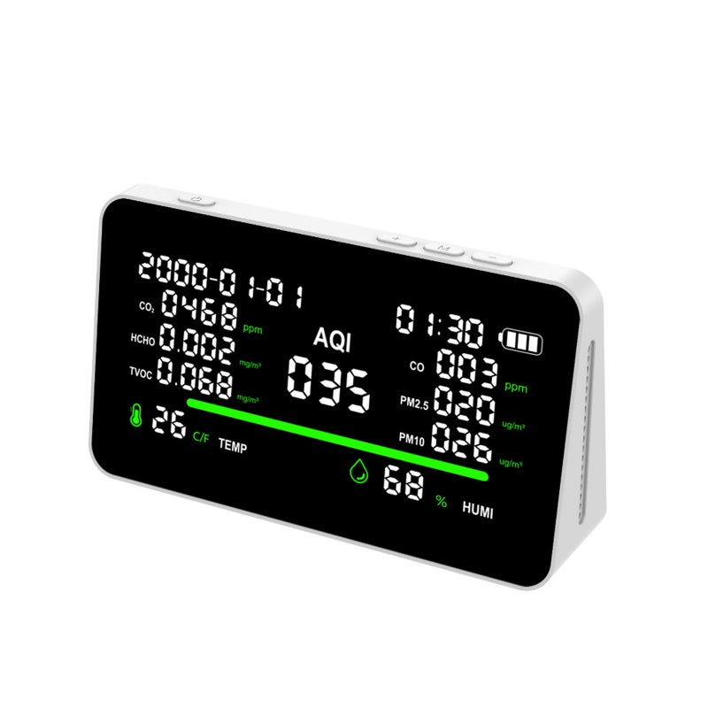 11-In-1 Indoor Air Quality Monitor Rechargeable Home CO2 Monitor,7" Display,Temp, CO2, CO,AQI,PM2.5,PM10,TVOC, HCHO,RH,Time, Date, For Office Hotel Real Time Desktop Air Quality Meter - Image 1