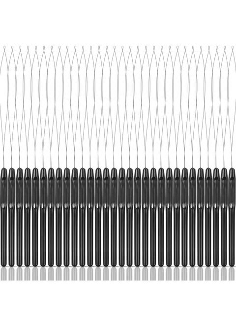 30 Pieces Hair Extension Loop Needle Threader Wire Pulling Hook Tool and Bead Device Tool Plastic Hair Extension Loop Needle for Hair or Feather Extensions Supplies, DIY Hook Tool Loop Tools, Black
