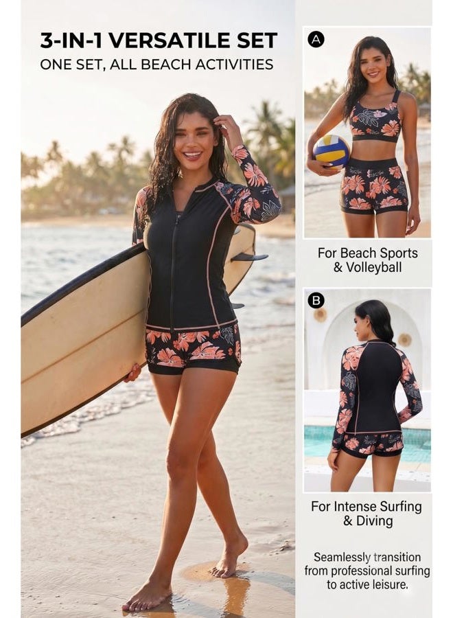 Daci 3 Piece Rash Guard for Women - Long Sleeve Swimsuits with Shorts SPF Zip up Swim Shirt with Built in Bra - Image 3