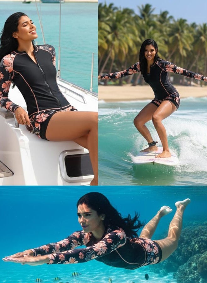Daci 3 Piece Rash Guard for Women - Long Sleeve Swimsuits with Shorts SPF Zip up Swim Shirt with Built in Bra - Image 2