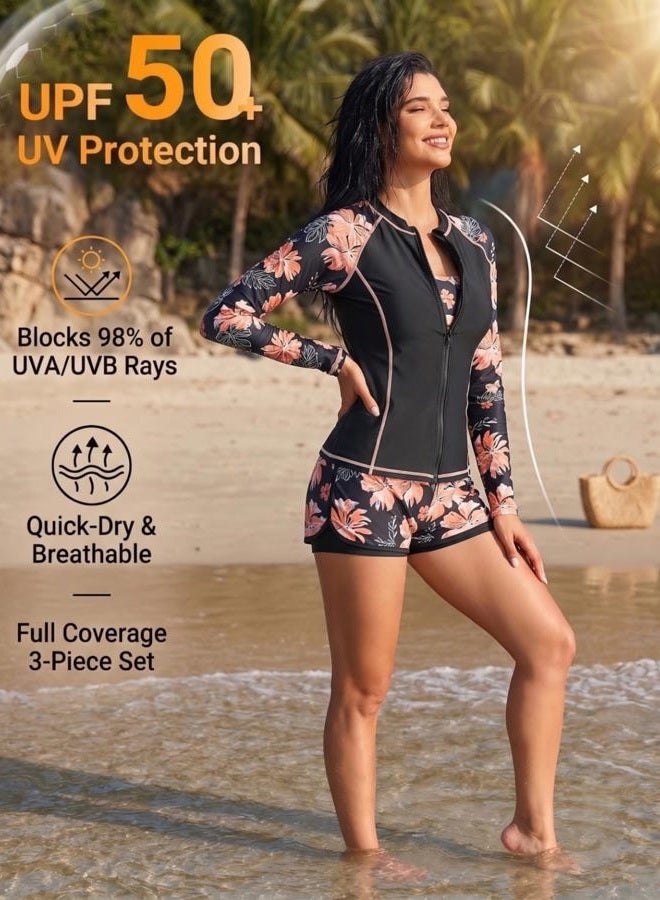 Daci 3 Piece Rash Guard for Women - Long Sleeve Swimsuits with Shorts SPF Zip up Swim Shirt with Built in Bra - Image 5