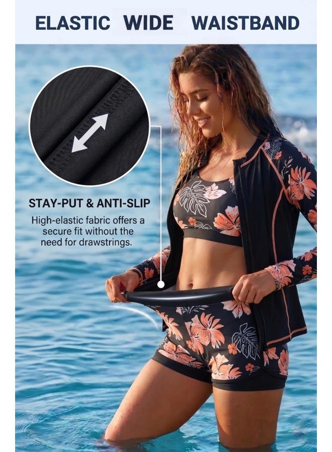 Daci 3 Piece Rash Guard for Women - Long Sleeve Swimsuits with Shorts SPF Zip up Swim Shirt with Built in Bra - Image 4