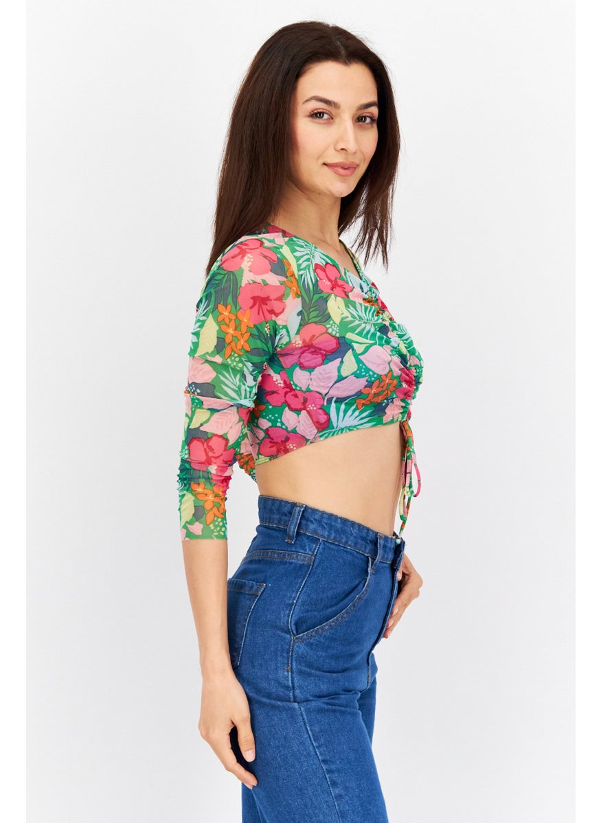 Dippin' Daisy's - Women Round Neck Long Sleeve Floral Top, Green Combo - Image 1