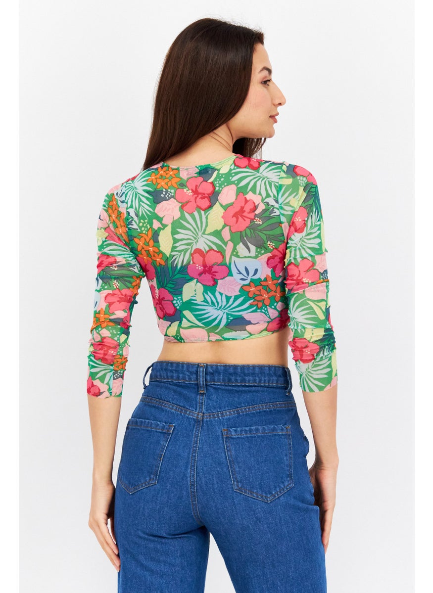 Dippin' Daisy's - Women Round Neck Long Sleeve Floral Top, Green Combo - Image 1