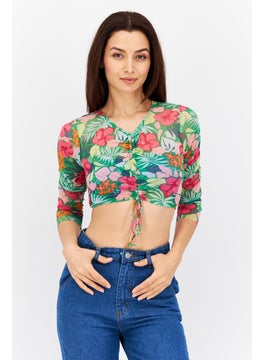 Women Round Neck Long Sleeve Floral Top, Green Combo