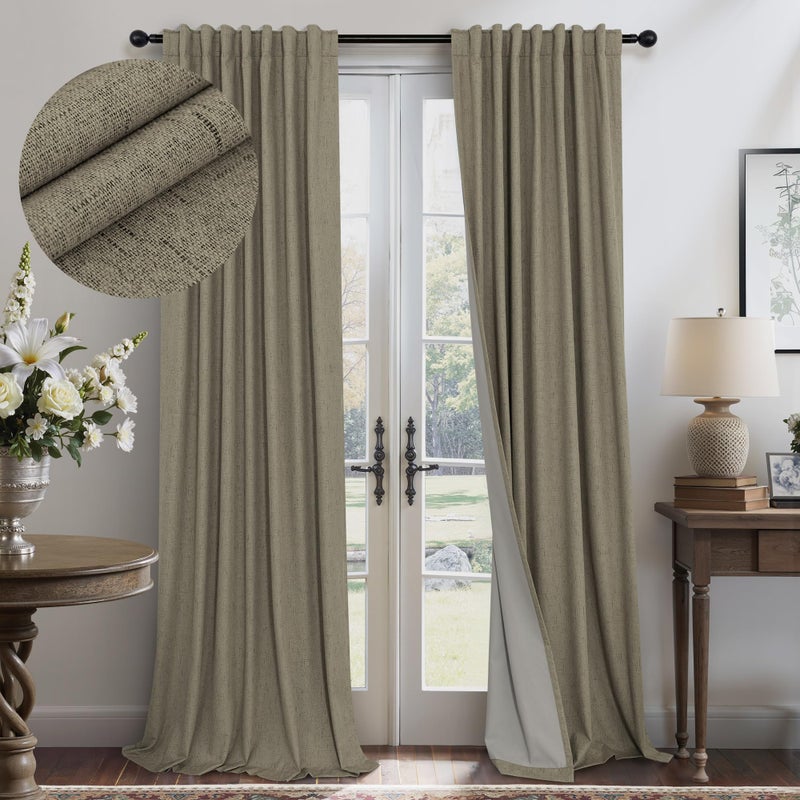 Pitalk Dark Taupe Blackout Faux Linen Curtains and Drapes for Bedroom 52 W by 84 L - Image 1