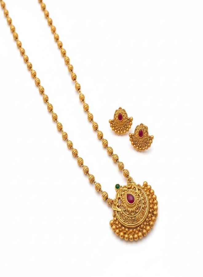 طقم عقد مالا أبيض تقليدي طويل من AAIKU مع قلادة بلمسة نهائية غير لامعة وأقراط متناسقة للنساء والفتيات - مجوهرات عرقية أنيقة للمهرجانات وحفلات الزفاف 32 بوصة (PSM24062531) - Image 1