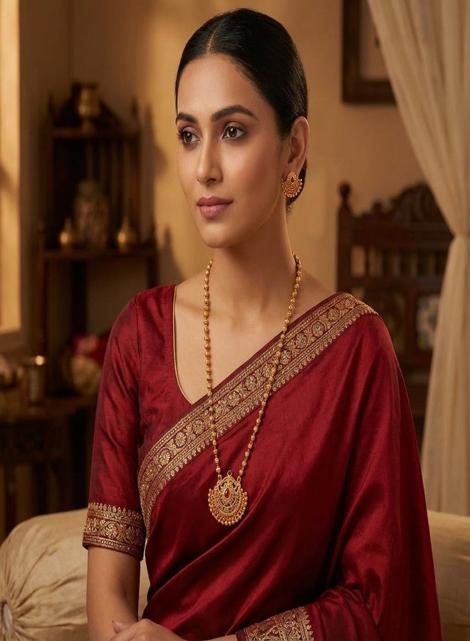 طقم عقد مالا أبيض تقليدي طويل من AAIKU مع قلادة بلمسة نهائية غير لامعة وأقراط متناسقة للنساء والفتيات - مجوهرات عرقية أنيقة للمهرجانات وحفلات الزفاف 32 بوصة (PSM24062531) - Image 2