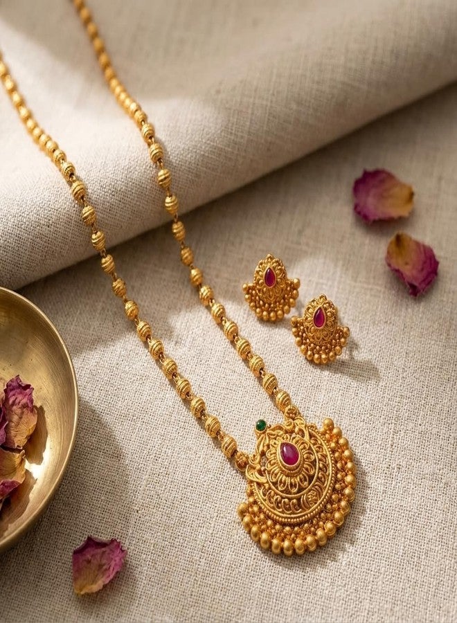 طقم عقد مالا أبيض تقليدي طويل من AAIKU مع قلادة بلمسة نهائية غير لامعة وأقراط متناسقة للنساء والفتيات - مجوهرات عرقية أنيقة للمهرجانات وحفلات الزفاف 32 بوصة (PSM24062531) - Image 4