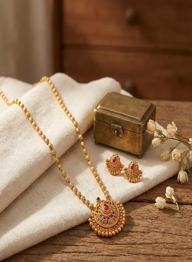 طقم عقد مالا أبيض تقليدي طويل من AAIKU مع قلادة بلمسة نهائية غير لامعة وأقراط متناسقة للنساء والفتيات - مجوهرات عرقية أنيقة للمهرجانات وحفلات الزفاف 32 بوصة (PSM24062531) - Image 5