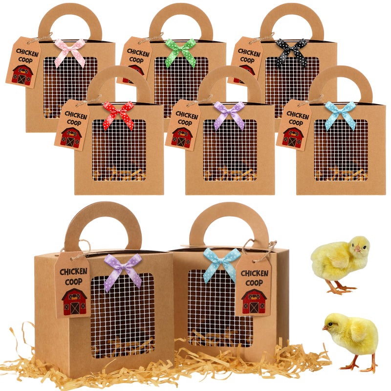 ForraFun 12 Pcs Chicken Birthday Party Favor Boxes Farmhouse Animal Foldable Chicken Box with Raffia Grass Farm Gift Treat Boxes Bowknot Paper Straw Chick Coop Goodie Box for Adopt a Chick Birthday - Image 2