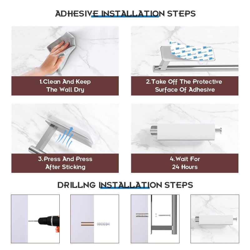 ASTOFLI Paper Towel Holder Under Cabinet No Drilling, Self Adhesive Paper Towel Holder Wall Mount for Kitchen Rack, Under Counter Napin Holder No Drill, RV, 304 Stainless Steel, Silver - Image 5